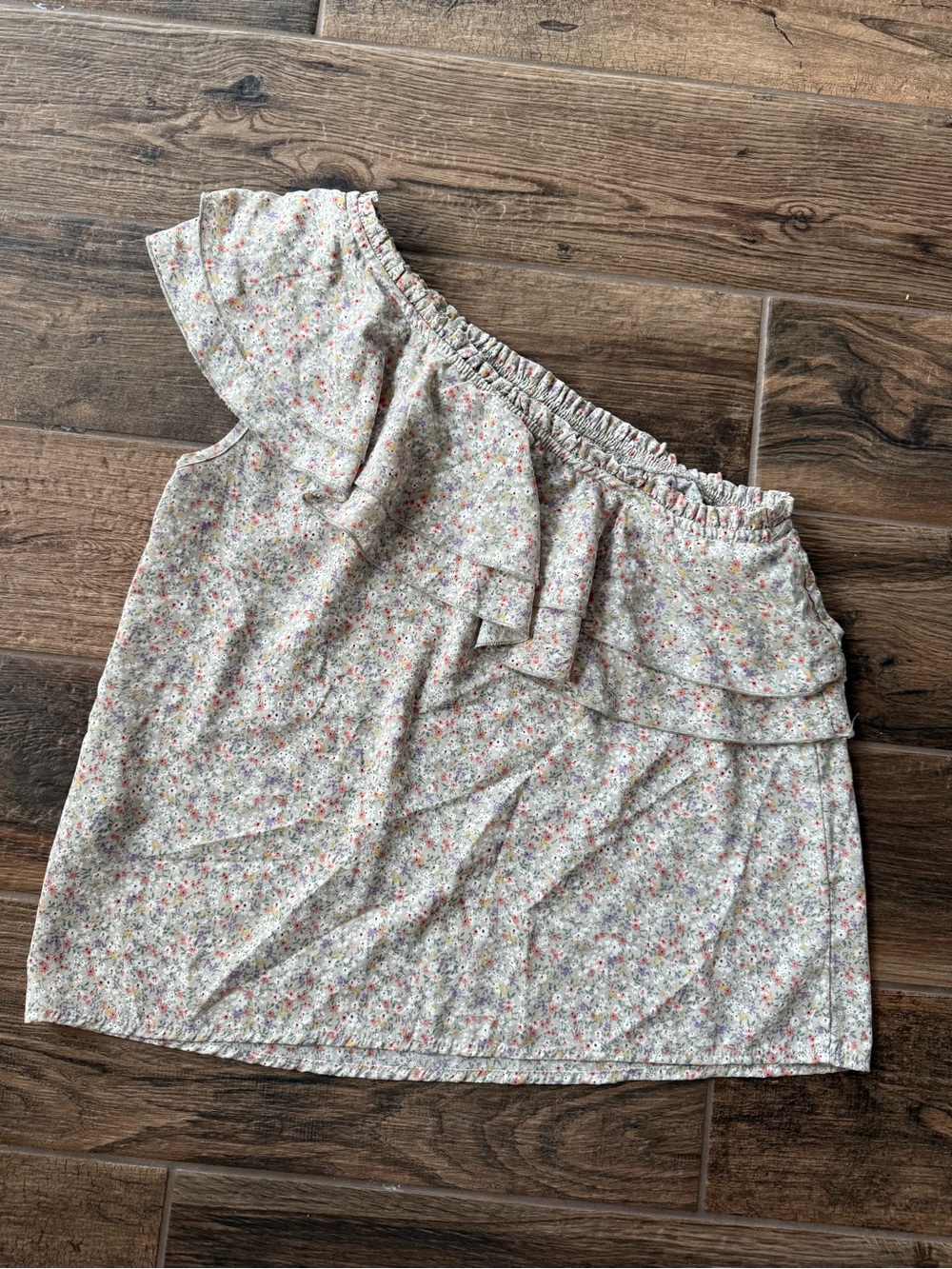 Floral One-Shoulder Ruffle Top - Cream with Pink & Green